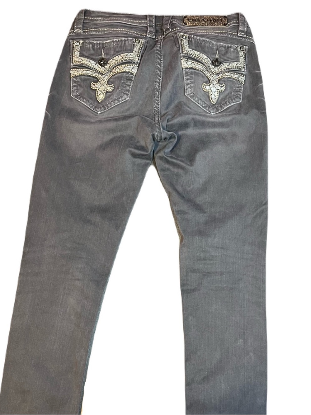 Rock Revival Teyla Y2K Jeans Women’s 31 Gray Skinny Fleur De Lis Bling